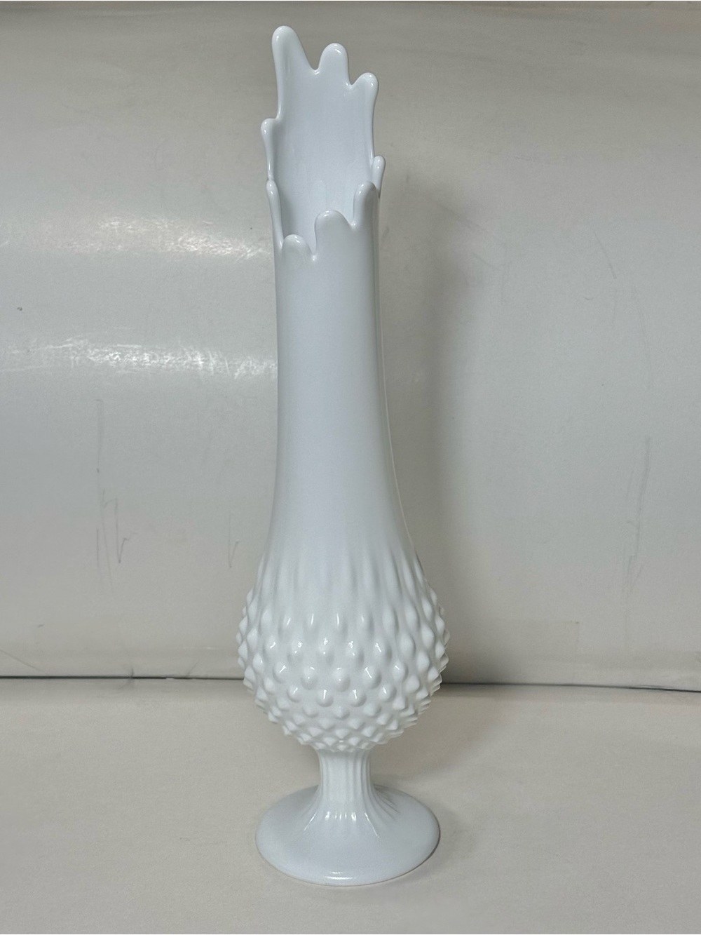 Vtg Fenton White Milk Glass Hobnail Swung Vase Stretch Pedestal 14.5” MCM 1970’s